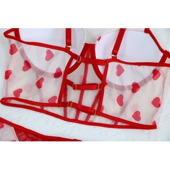 Lingerie For Women Heart Print Erotic Ruffles Garter Fancy Underwear Sexy G-String Thongs Red Lace 4-Pieces